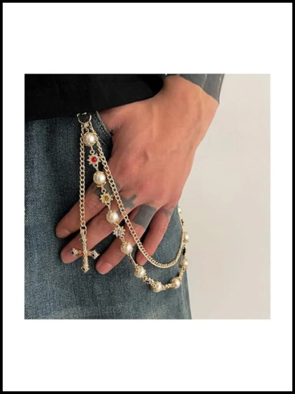 Layered Daisy Pearl Wallet Chain Keychain with Rhinestone Flower Heart Cross
